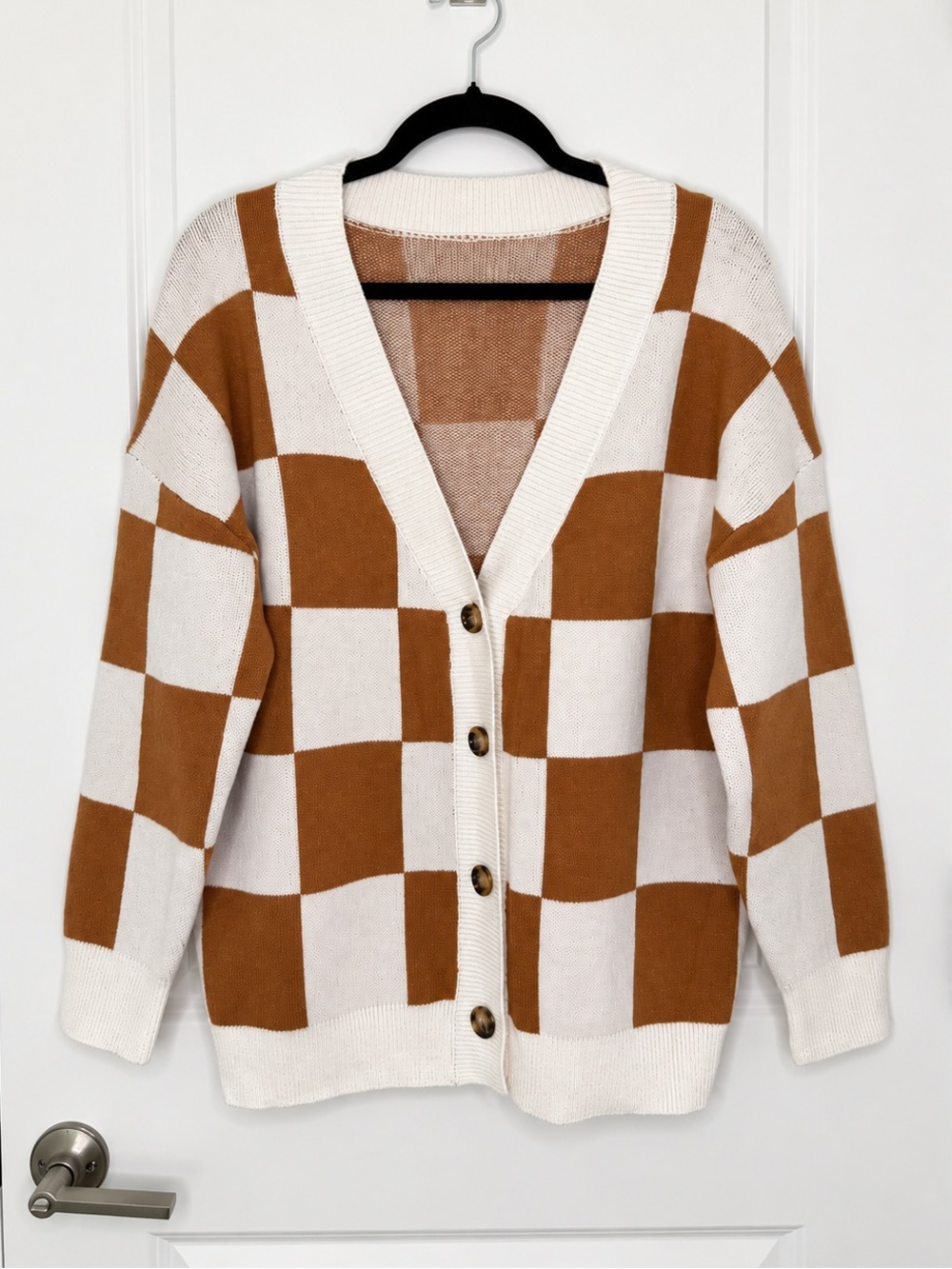 Dokotoo Brown White Checkered Oversized Knit Cardigan Sweater Size S